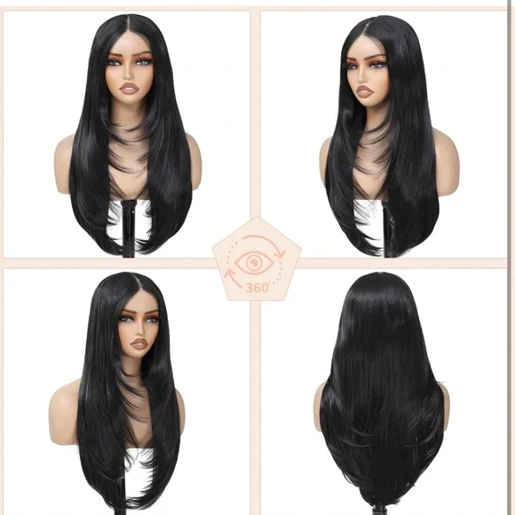 26” Black Wear and Go Glueless Wig with BangsLace Front Wigs for Women NEW